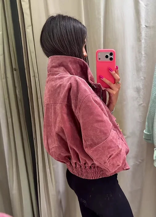 Women Stand Collar Leather Pilot Jacket Red Zipper Cropped Coat Fashion Casual Fashion Outerwear 2026 New Arrival Streetwear