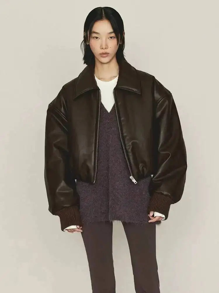 SHENGPALAE Women's Fashion 2026 Autumn Winter New Clothes Solid Color Leather Thicken Warm Female Short Cotton Jacket 5C1437