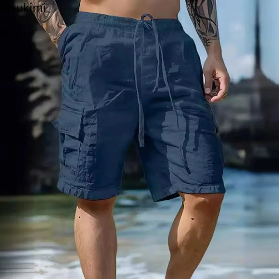 2026 Men's Summer Fashion Loose White Cargo Shorts Handsome Streetwear Beachwear Solid Color With Pockets Shorts Workout Pants