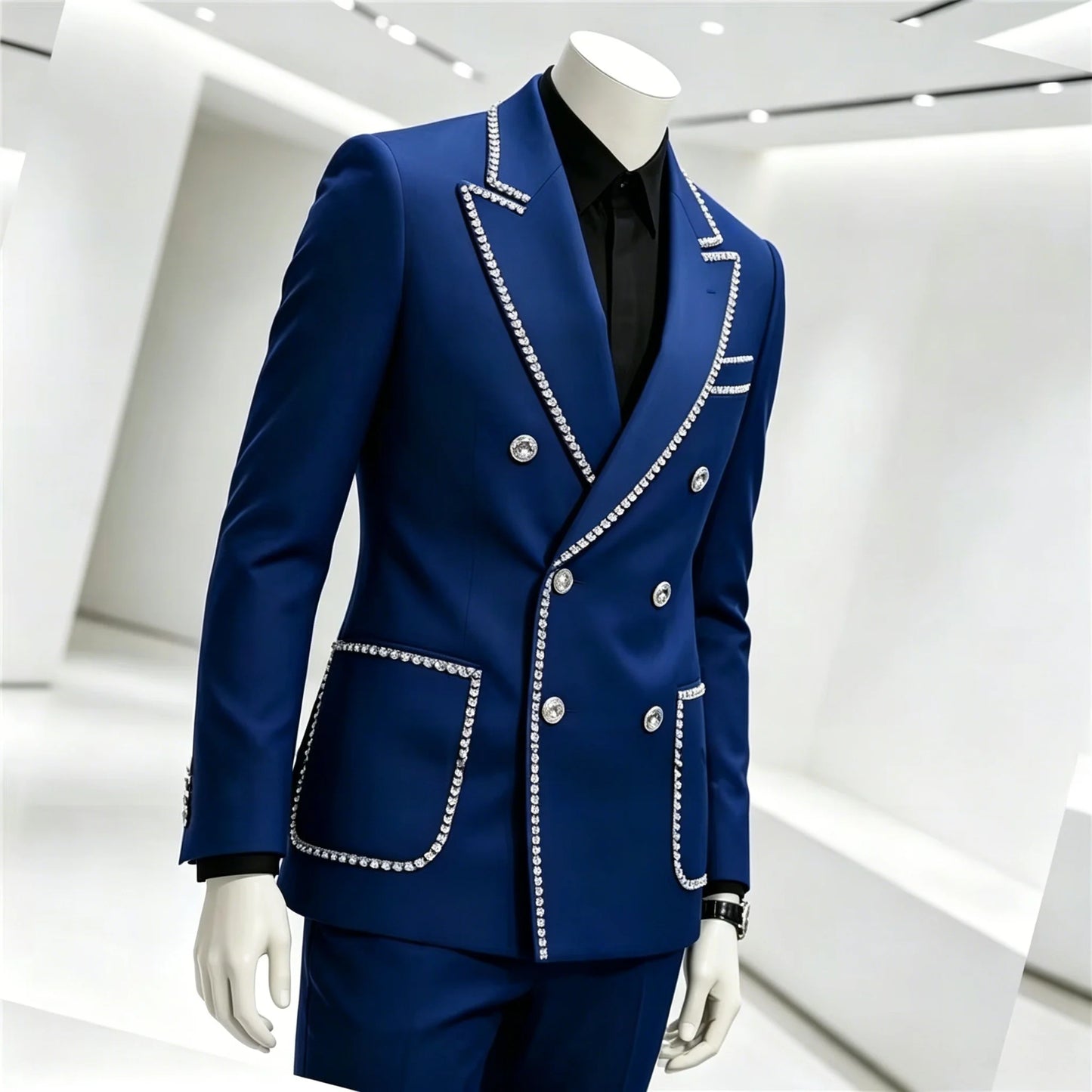 Luxury Men's Suits 2 Pieces Royal Blue Crystals Peaked Lapel Double Breasted Groom Wedding Tuxedo Wear Formal Party Prom Suits