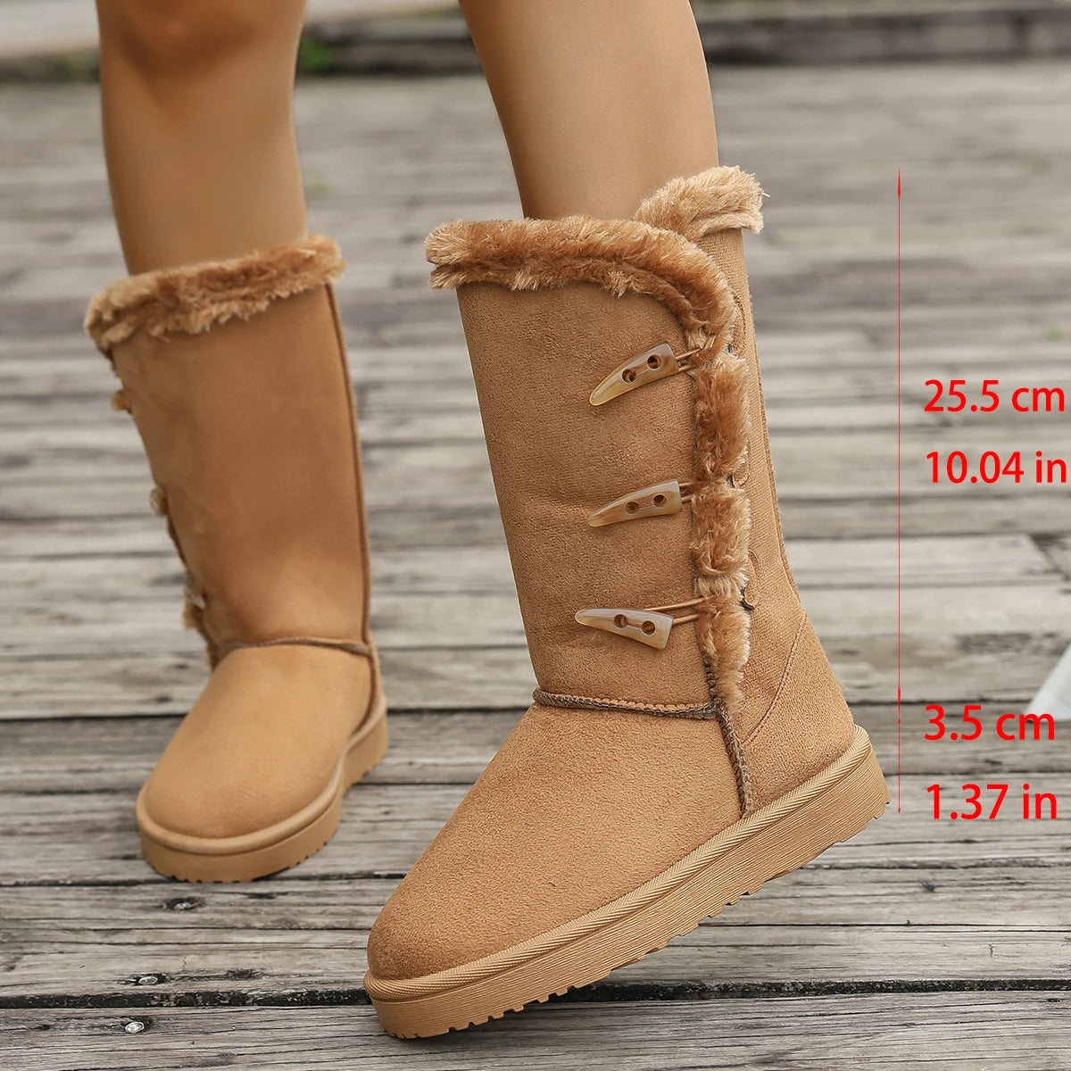 Women Snow Boots Winter Mid-calf Boots Warm Cotton Shoes Fashion Solid Color Button Ladies Brown Long Boots Plus Size 42