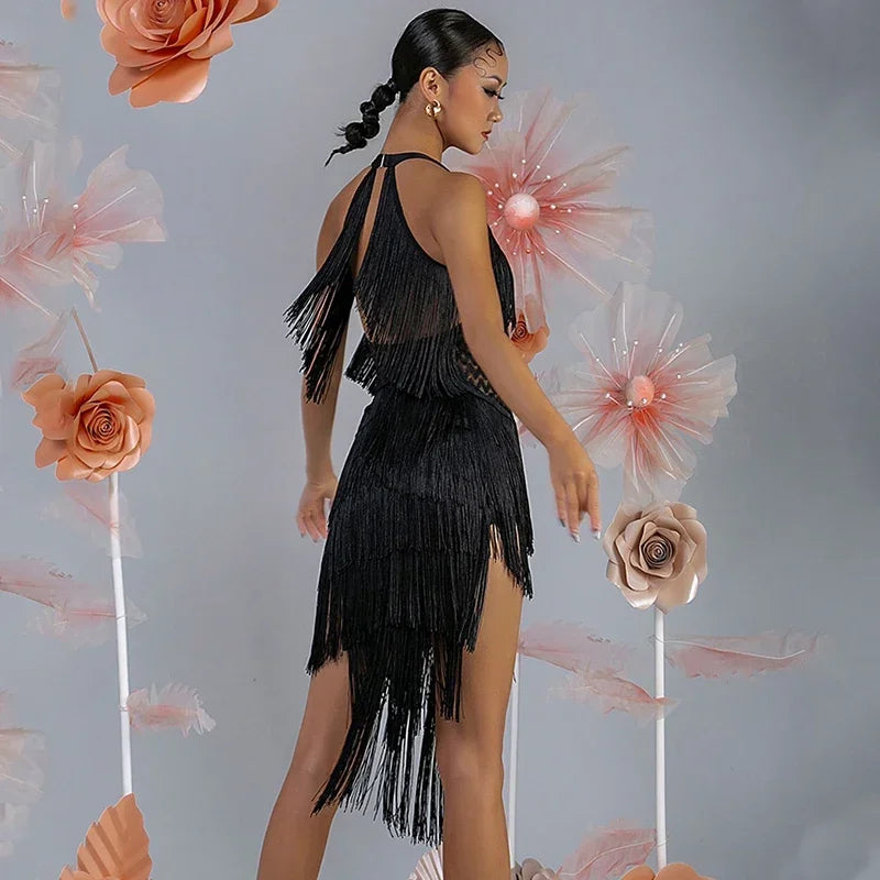 Women Backless Fringe Sexy Black Dress Cha Cha Rumba Samba Tango Dance Costume Prom Wear Latin Dance Copetition Dress