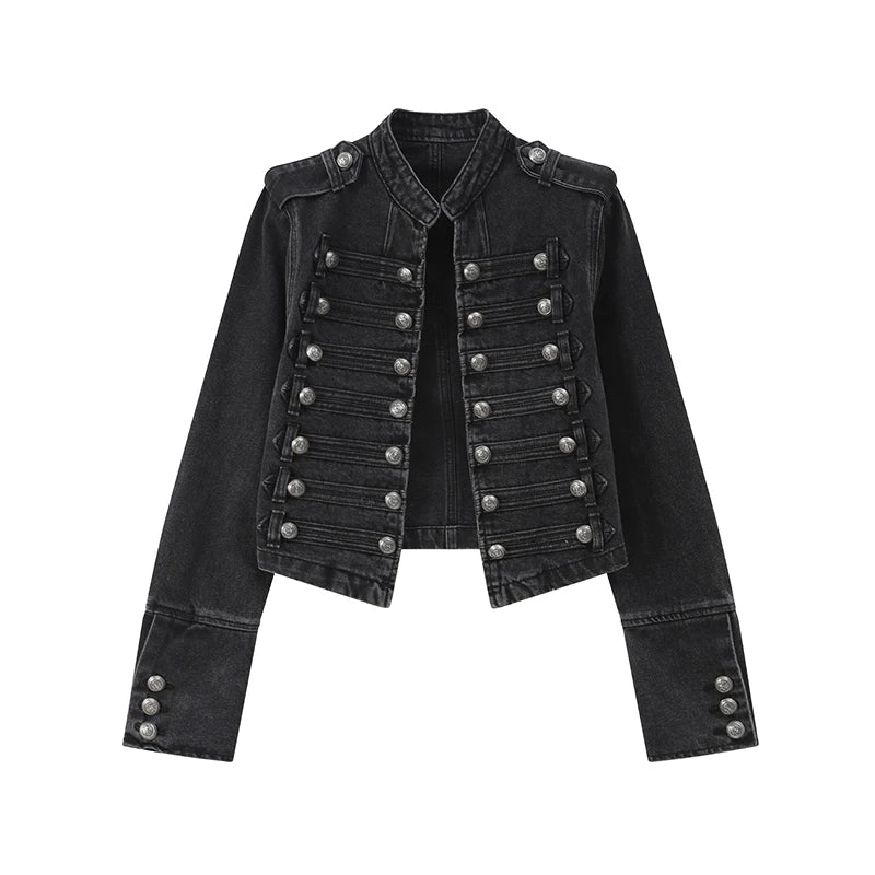 Vintage Denim Military Jacket Women Retro Solid Round Neck Single Breasted Slim Short Jackets 2026 Lady Daily Street Outerwears
