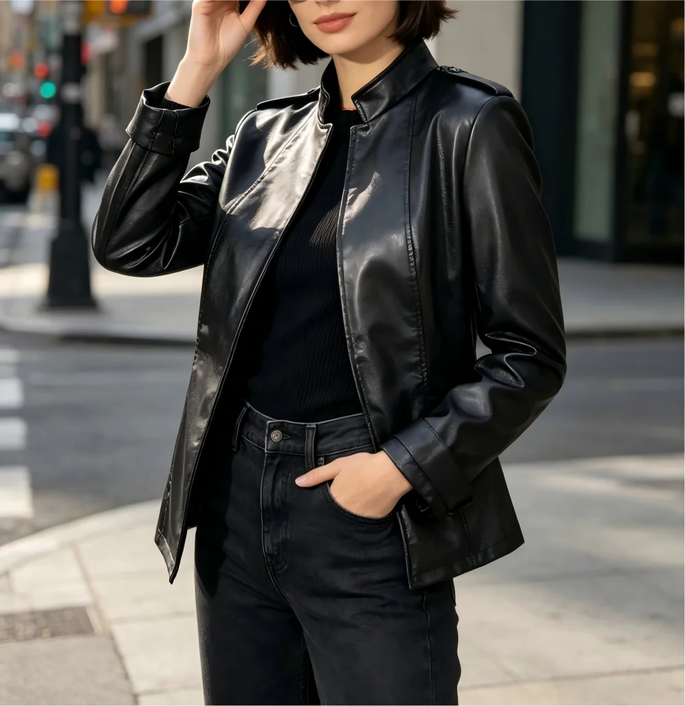 Women Stand Collar Long Sleeve Pu Leather , Vintage Distressed Gothic Fashion Outerwear For European American Style