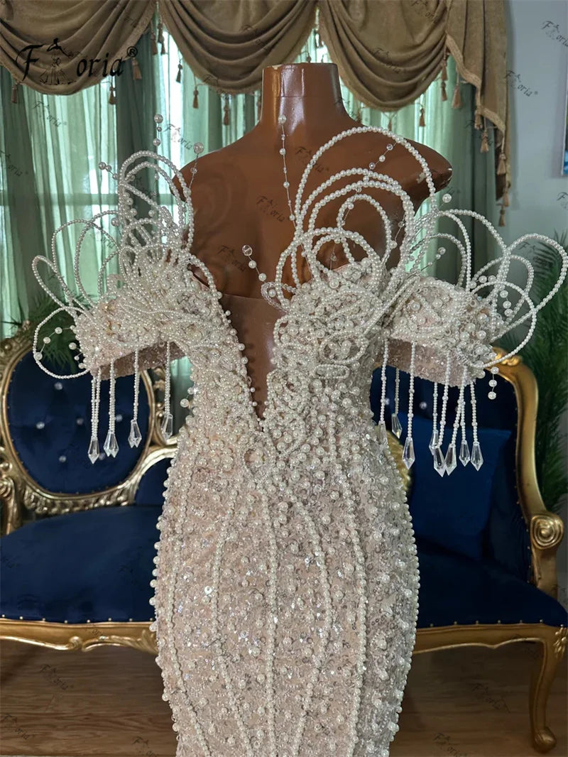 Luxury Ivory Nude Pearls Mermaid Evening Dress Sparkling Sequin Beaded Crystal Tassel Deep V Neck Prom Gown Wedding Dress Gala