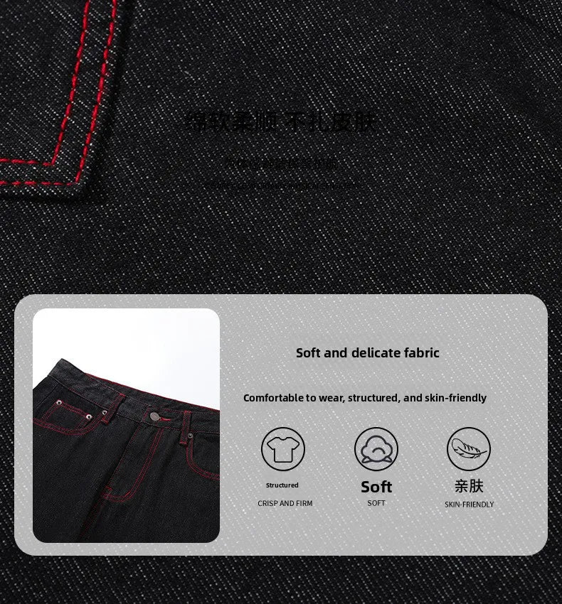 American Retro Washed Denim Jeans Multi Pocket Loose Slimming Long Trousers Straight Cut Mid Waist Zipper Fly Casual Jeans