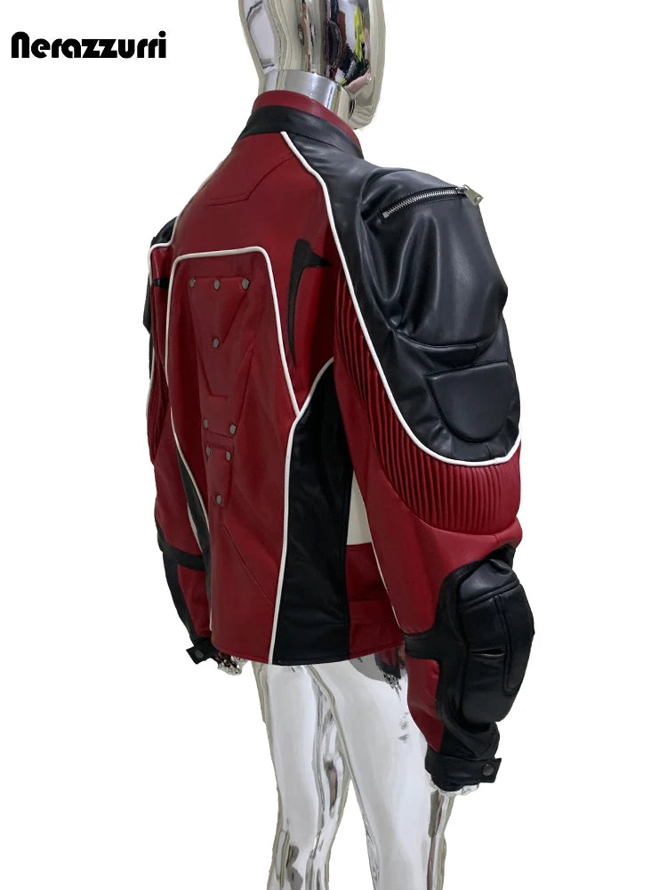 Nerazzurri Autumn Winter Short Color Block Pu Leather Racer Jacket Men Shoulder Pads Rivet Zipper Luxury Designer Clothes 2025