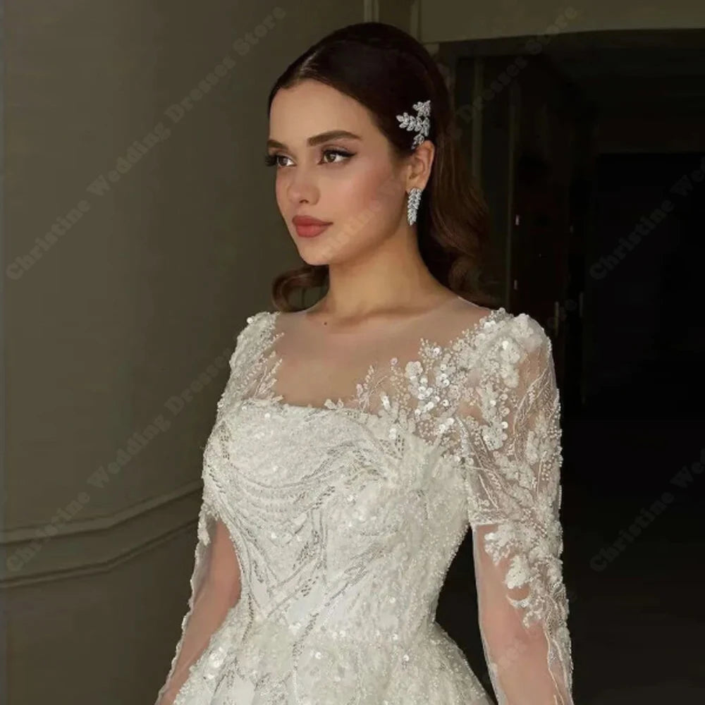 Glitte Chiffon Women Wedding Dresses Elegant Charming Bridal Gowns Lace Long Sleeves Mopping Length Vestido De Novias Customized