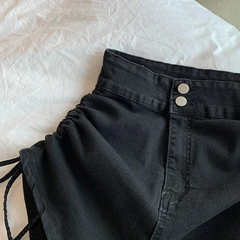 Zoki Sexy Shirring Slim Denim Shorts Women Fashion Korean High Waist Casual Shorts Summer Button All Match Harajuku Shorts New