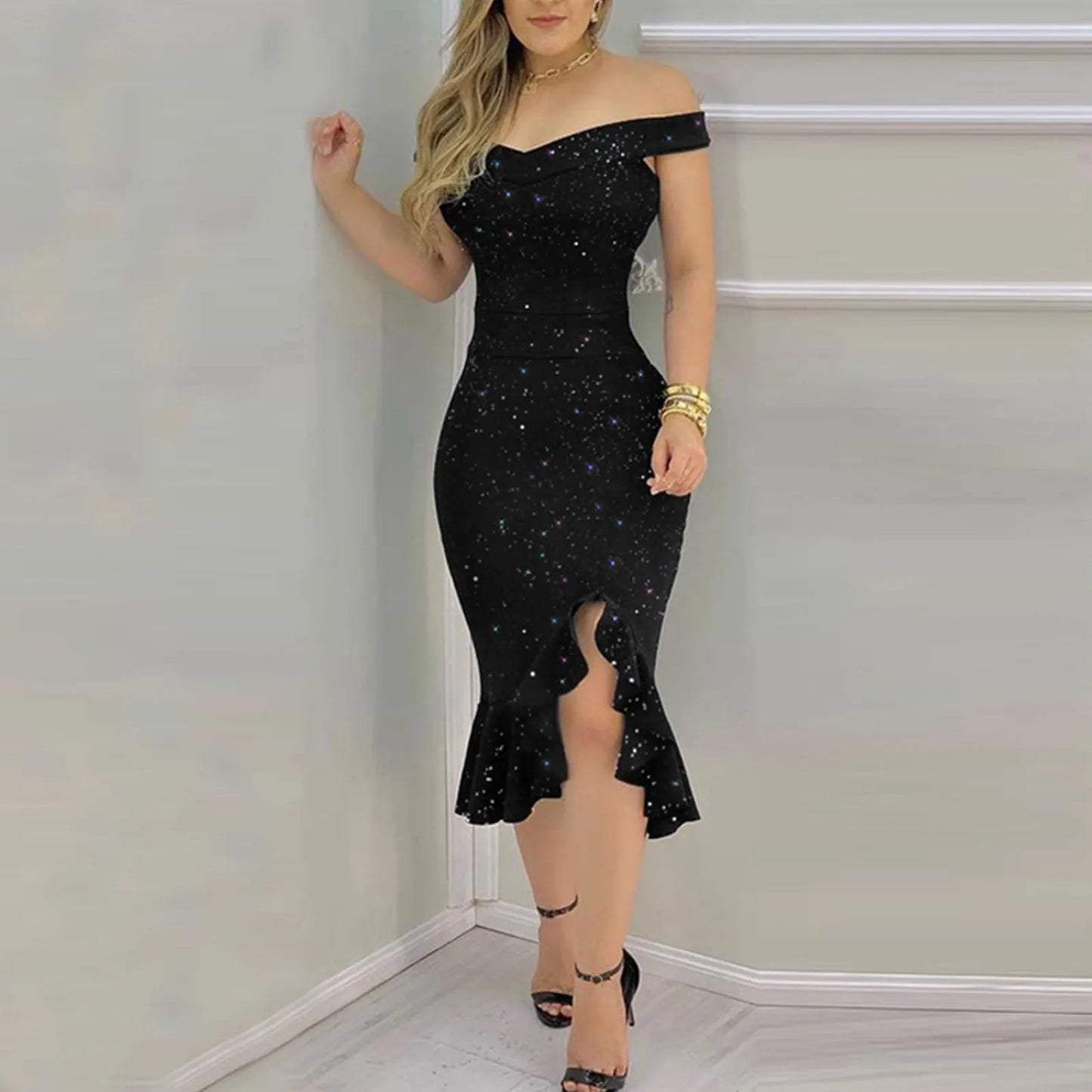 Women's Sexy party dresses Fashion Elegant dress  Off Shoulder Sequin Ruffle Irregular Dresses Masquerade Evening Dress vestidos