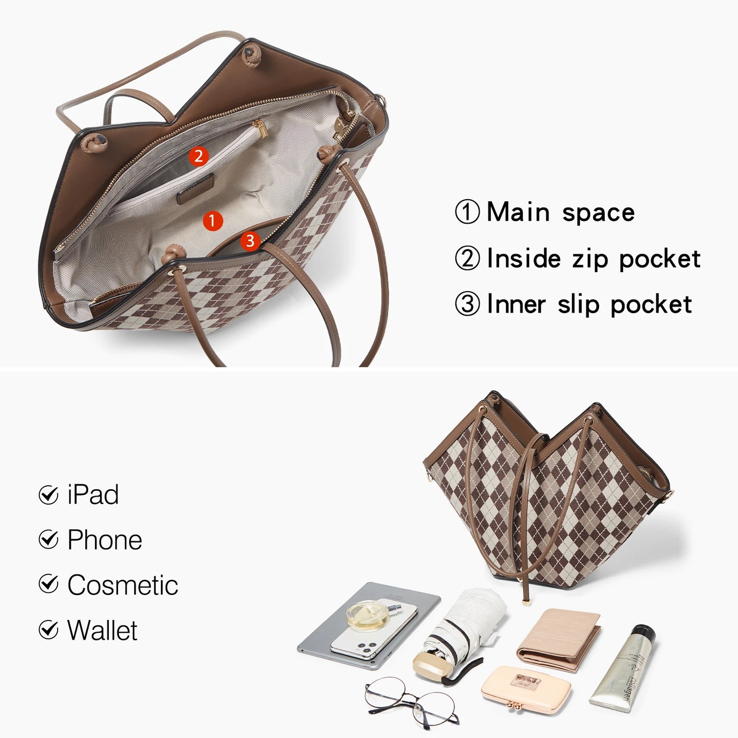 FOXER Brand Chic Women's Shoulder Bag 2026 New Spring Summer Luxury Design Female Handbag Purse Fashion Large Plaid Tote Bag