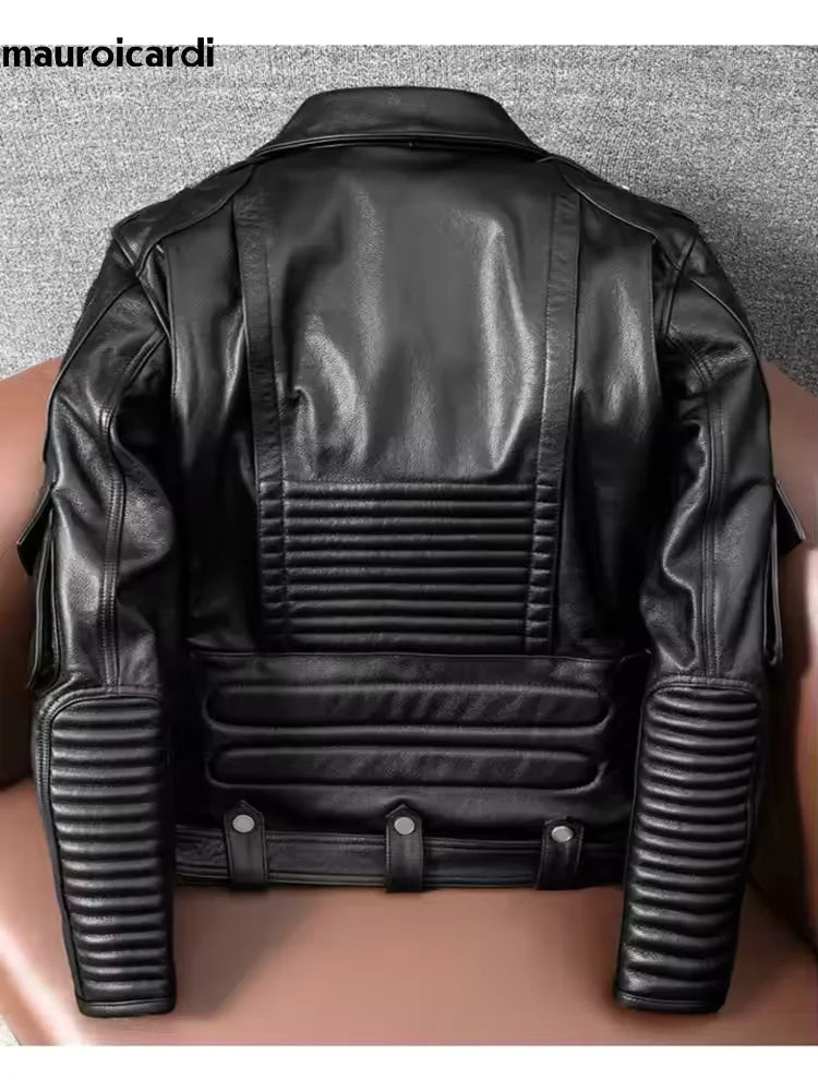 Mauroicardi Spring Autumn Cool Hard Black Pu Leather Motorcycle Biker Jacket Men Belt Zipper Luxury Designer Fashion Clothes