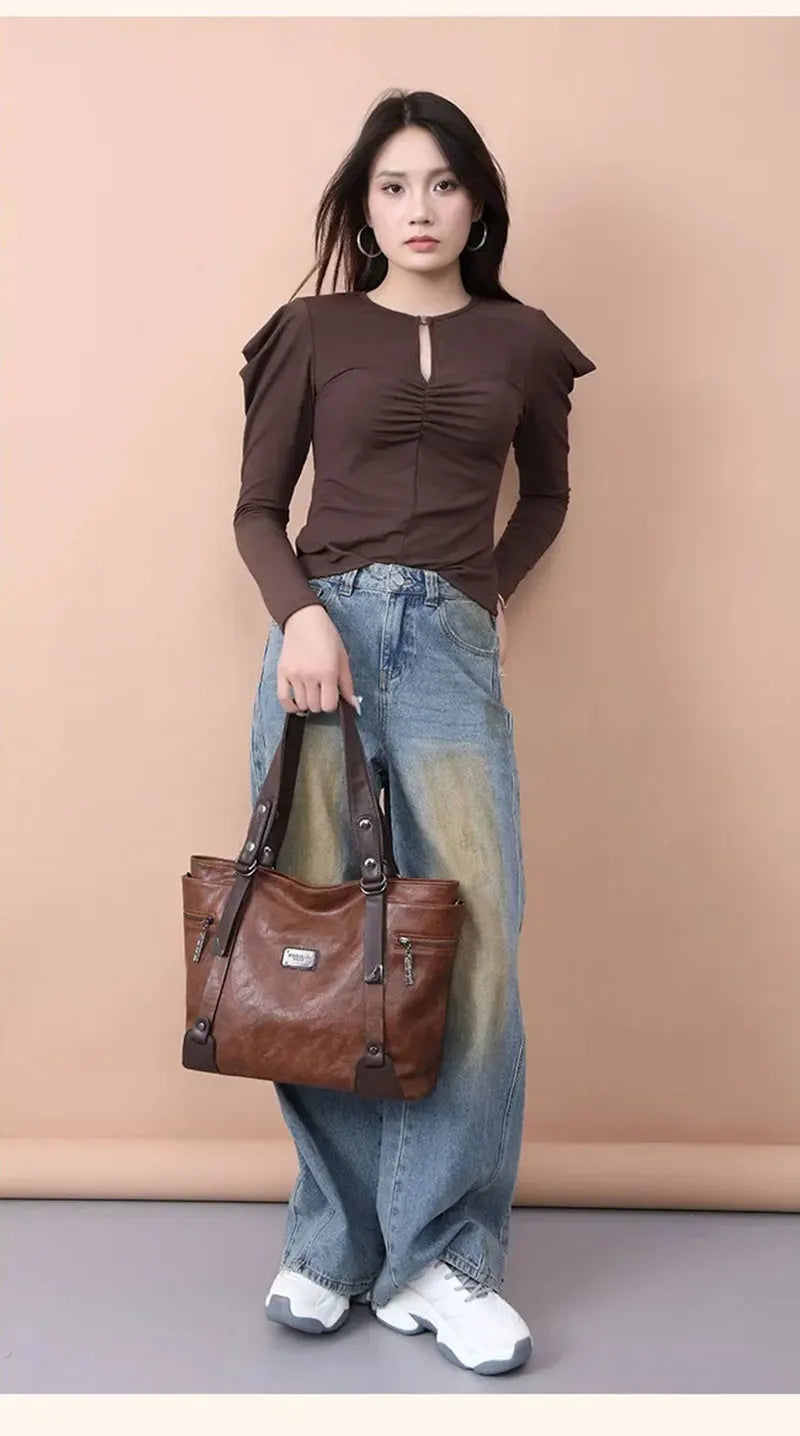 Vintage Women's Tote Bag 2025 New PU Leather Shoulder Bag Large Capacity Handbags Retro Style Crossbody Bags for Women