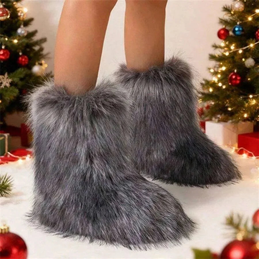 Women's Winter Fluffy Faux Fox Fur Boots Woman Plush Warm Snow Boots Luxury Footwear Girls' Furry Fur Bottes Fashion