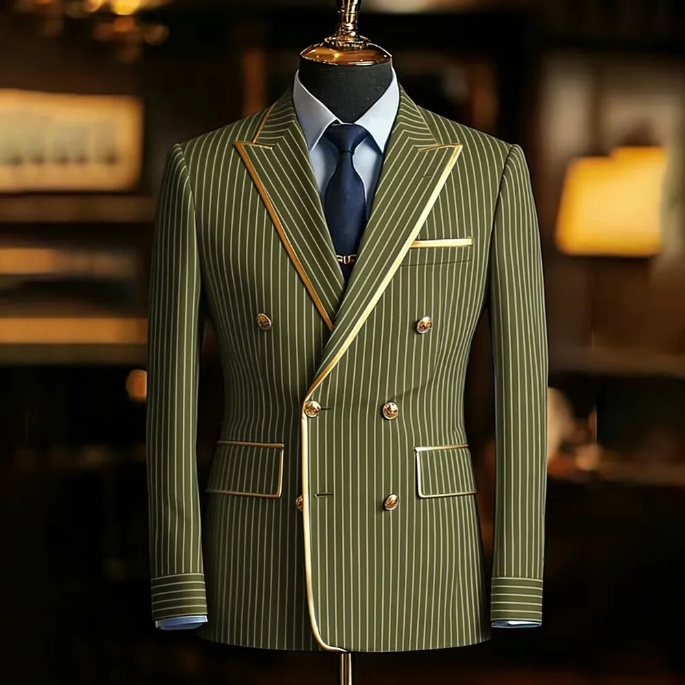 Men's Pinstripe Blazer Double Breasted Slim Fit Peaked Lapel With Gold Trim Formal Suit Jacket  For Groomsman Wedding Prom Hot