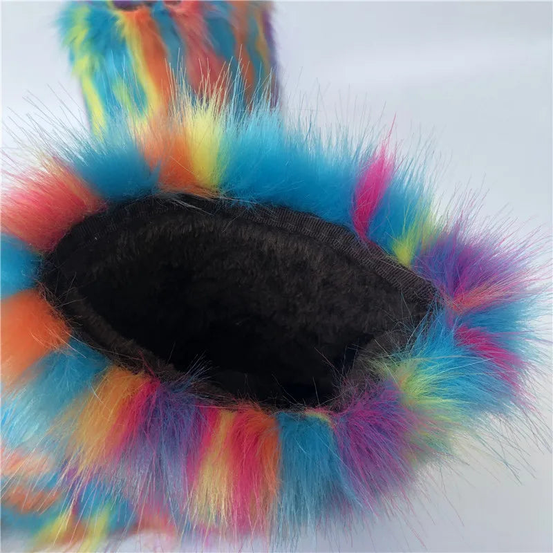 Cute High Quality Faux Raccoon Fox Fur Shibuya Gal Thickened Plus Size Mid-Calf Faux Fur Warm Winter Snow Boots for Women