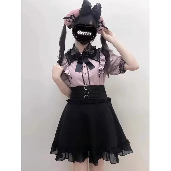 Jirai Kei Cosplay Costume Lolita Dress Blouse Y2K Kawaii Japanese Style Shirt Short Sleeve Pink Sweetheart Girl Halloween Party