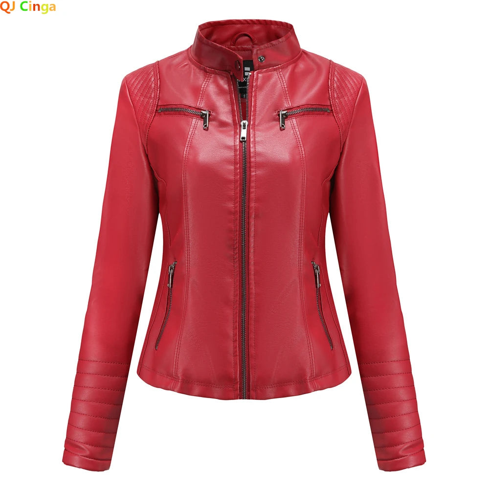 2026 Women's Bright Red V-neck Leather Jacket, Fashion Slim PU Coat, Black Short Outerwear Asia Size XS S M L XL XXL