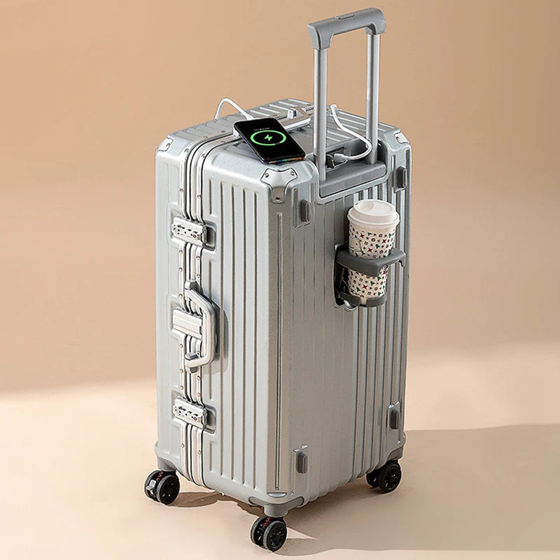 Five-wheeled Luggage 34 inch Thicken Aluminum Frame Suitcase USB Cup Holder Large Capacity TSA Lock Trolley Case Brake Wheel 24"