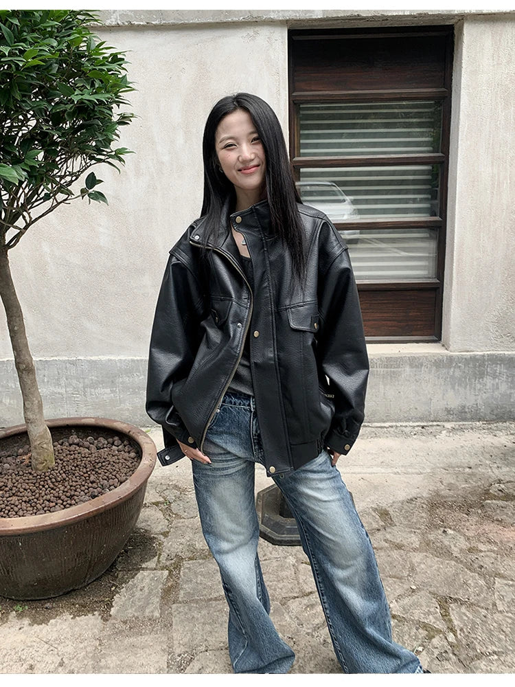 Lautaro Spring Winter Cool Oversized Thicken Warm Black Hard Pu Leather Jacket Women Long Sleeve High Quality American Clothing