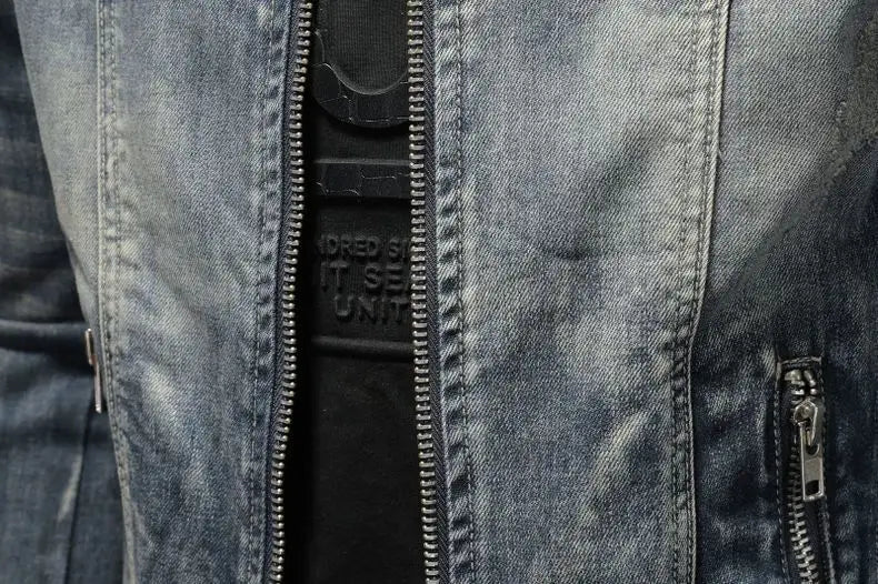 Men's Retro Denim Jacket Casual Oversized Stand Up Collar Zippered Jacket Cycling Motorcycle Coat Trend Loose Fit Top