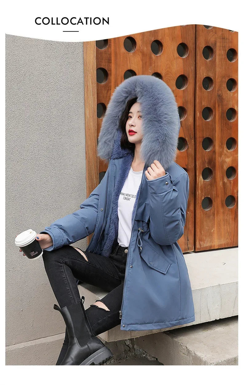 Winter Coat Low Price On Sale Women Beige Add Wool Thick Warmth Fur Hooded Parkas Jacket 2026 New Fashion Belt Slim Cotton Coat