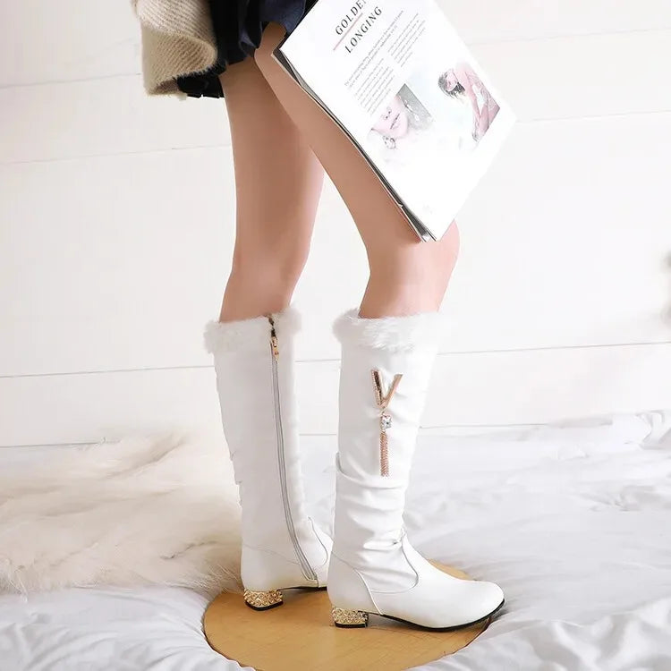 Winter Warm Knee High Boots Women Platform Wedges High Heels Snow Boots Slip on Winter Ladies Shoes White Black Pink 2025