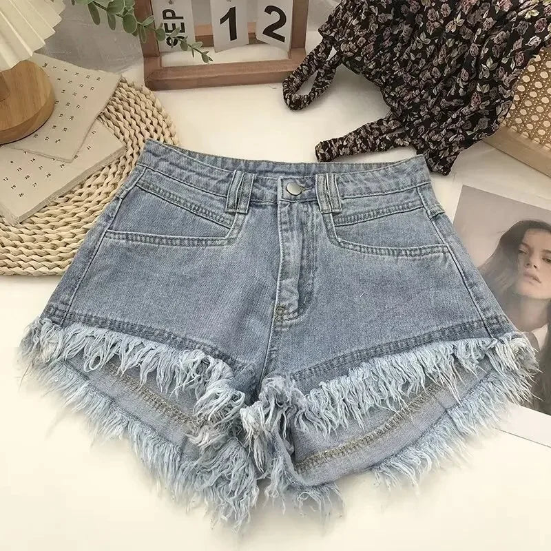 Pink Reddened Fringed Denim Shorts Women's Summer New Niche Slimming High-Waisted Spicy Girl A- Line Wide Leg Heat Pants