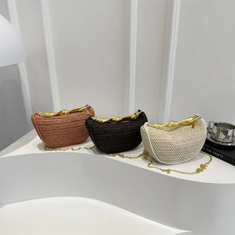 Luxury Metal Handle Clutch Bag Women Exquisite Handmade Rattan Woven crossbody Bag Half-moon Beach Bags Roomy Straw Tote Bag