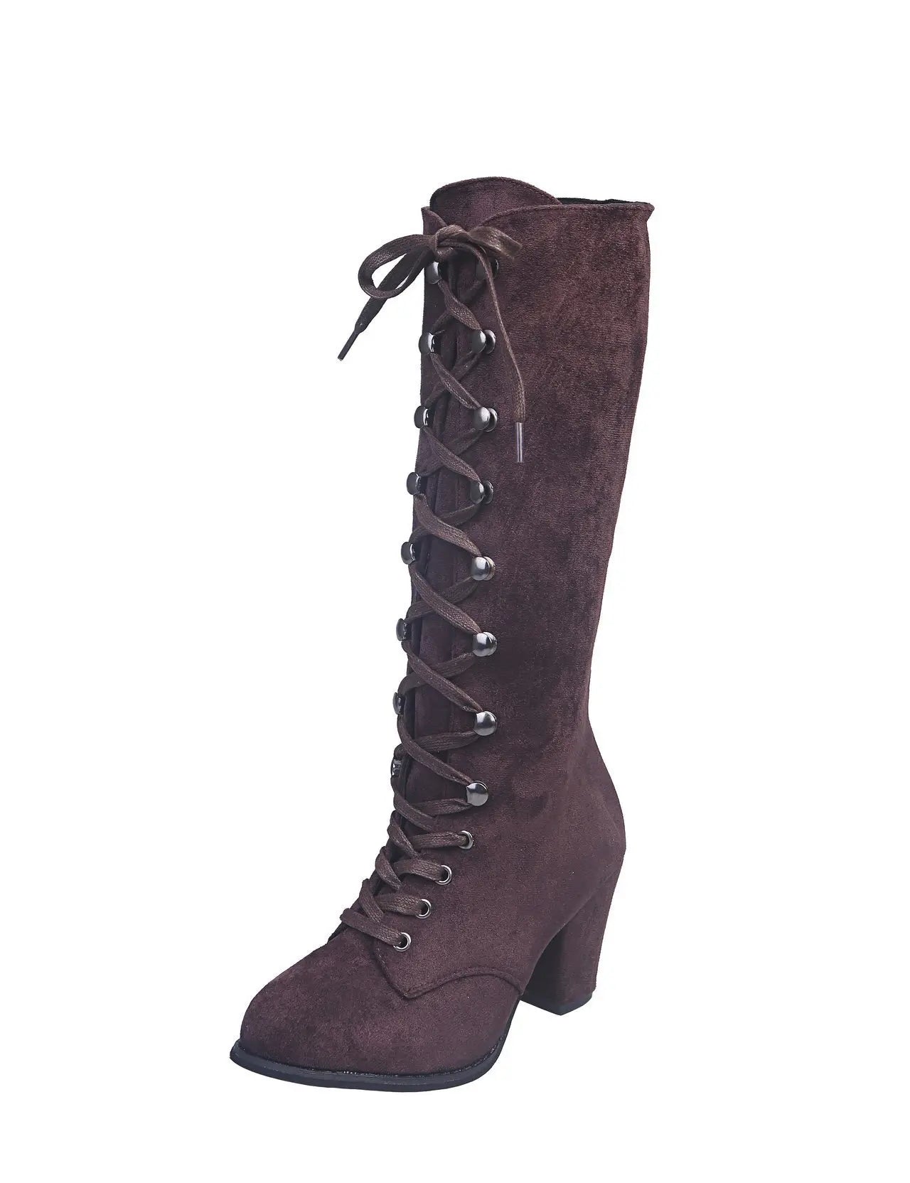 Winter Women Boots Shoes Fashion Vintage Lace-up Boots Women Round Cowboy High Heels Booties Shoes Woman Botas Mujer