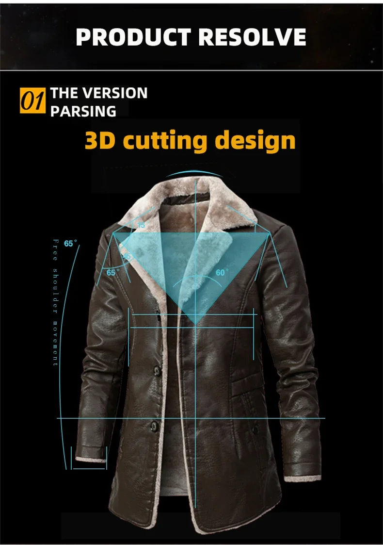 Men's Medium and Long PU Leather Jacket, Business Velvet Lapel Blazer, Single-Breasted Vintage Design Jacket