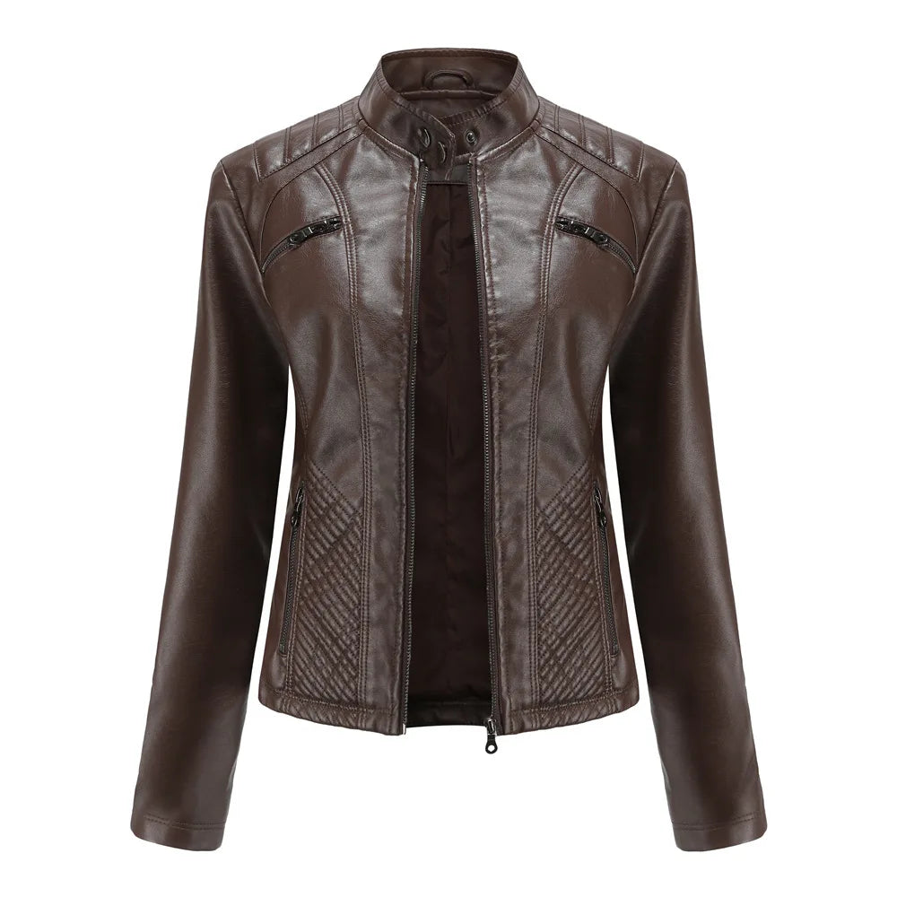 Ladies casual stand-up collar jacket Slim models women's spring and autumn solid color women's leather jacket