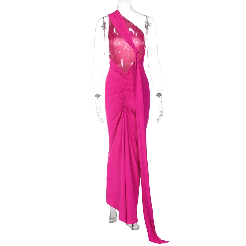 Dulzura One Shoulder Backless Ruched Slim Ribbon Long Dress Women Solid Sexy Elegant Dress Evening Party Club Prom Summer Outfit