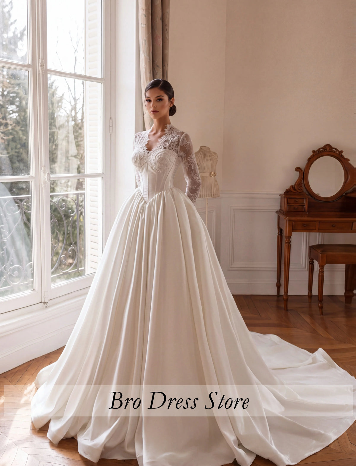 Customized Royal Princess Wedding Dress Satin Ball Gown Lace Long Sleeves Corset V Neck Luxury Bridal Gown Vestido de Novia