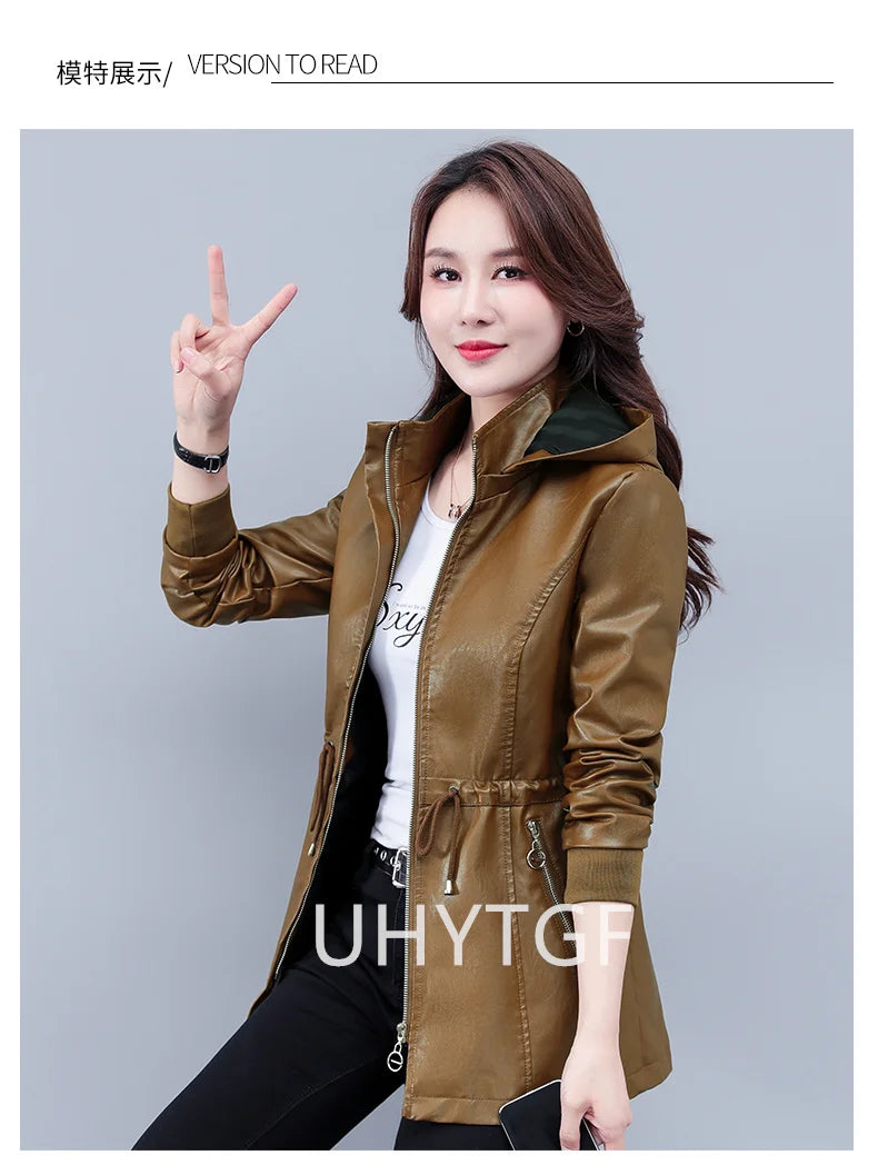 UHYTGF Fleece Winter Leather Female Quality Pu Leather Windbreaker Women Temperament Slim Warm 3XL Big Size Coat Deri Ceket 425