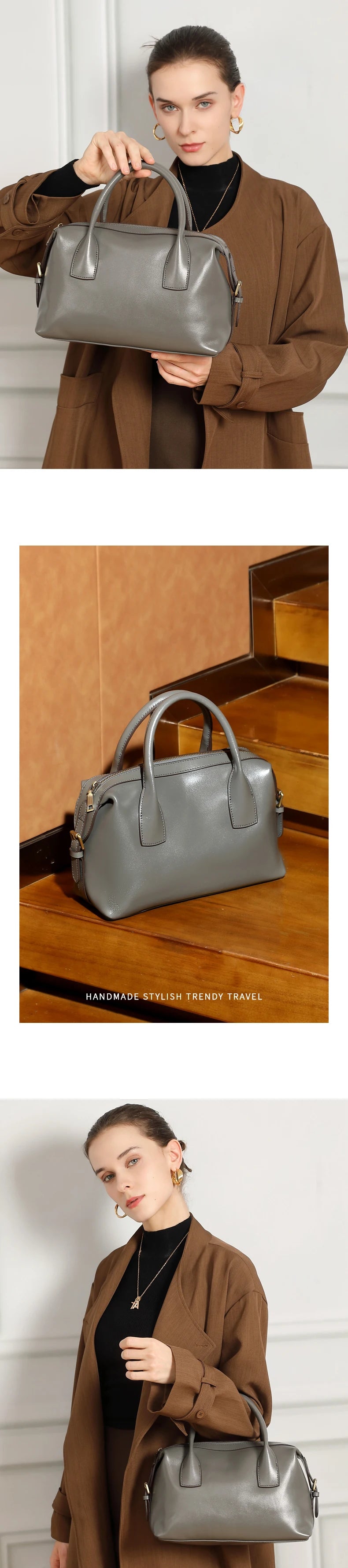 BURMINSA Genuine Cowhide Leather Handbags For Women Retro Pillow Top Handle Bags Bowling Daily Work Crossbody Shoulder Purses