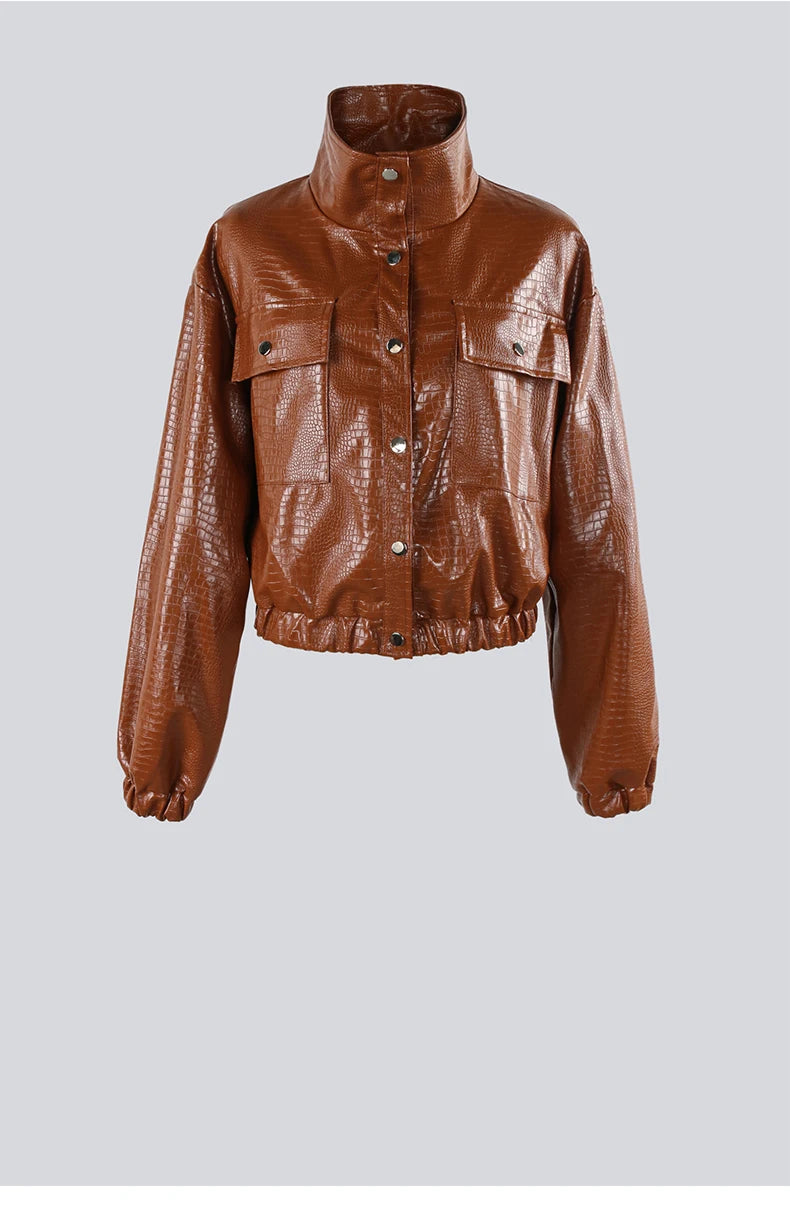 Mauroicardi Spring Autumn Short Black Brown Crocodile Print Faux Leather Jacket Women Stand Collar Button Up Luxury Clothes 2025