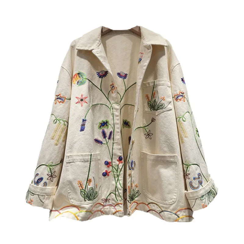 DEAT Women's Denim Coat Turn-down Collar Flower Embroidery Design Pocket Single Breasted Jackets 2026 Spring New 29A6164