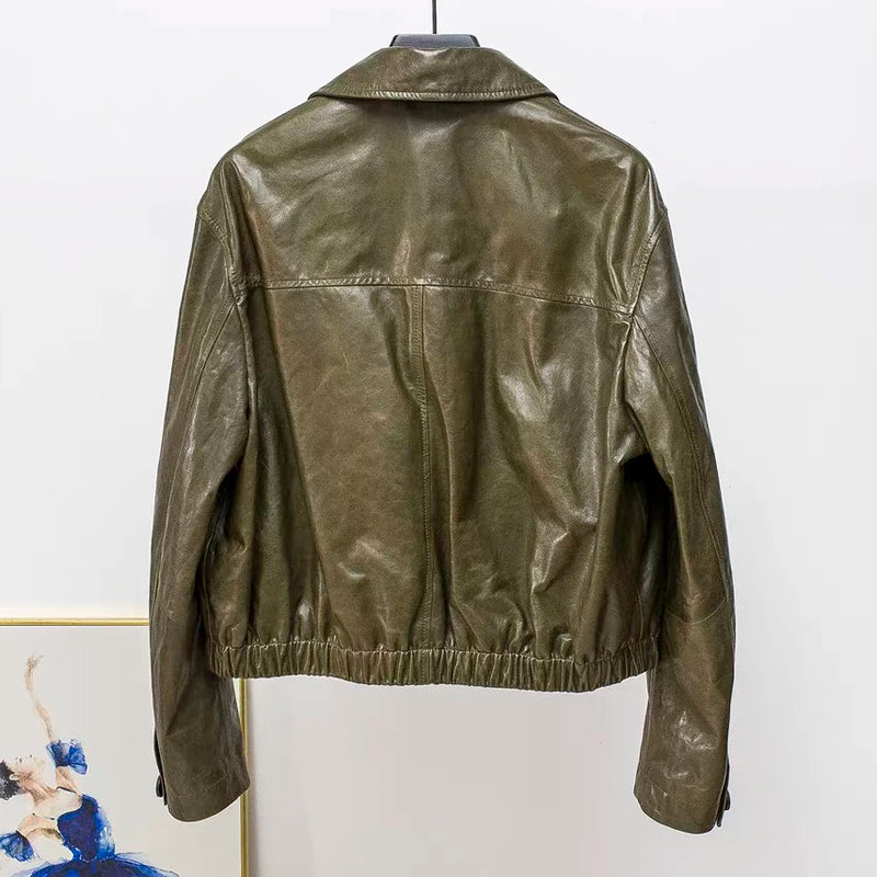 Advanced Oil Wax Leather Jacket for Women Autumn Winter Female 100% Lambskin Square Neck Elastic Waist  Loose Coat Vestes Femmes