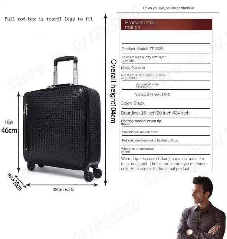 Genuine Leather Trolley Case 20 Inch Men's Business Boarding Suitcase Universal Wheel Luggage Bag 16 Inch Woven Pattern Leather