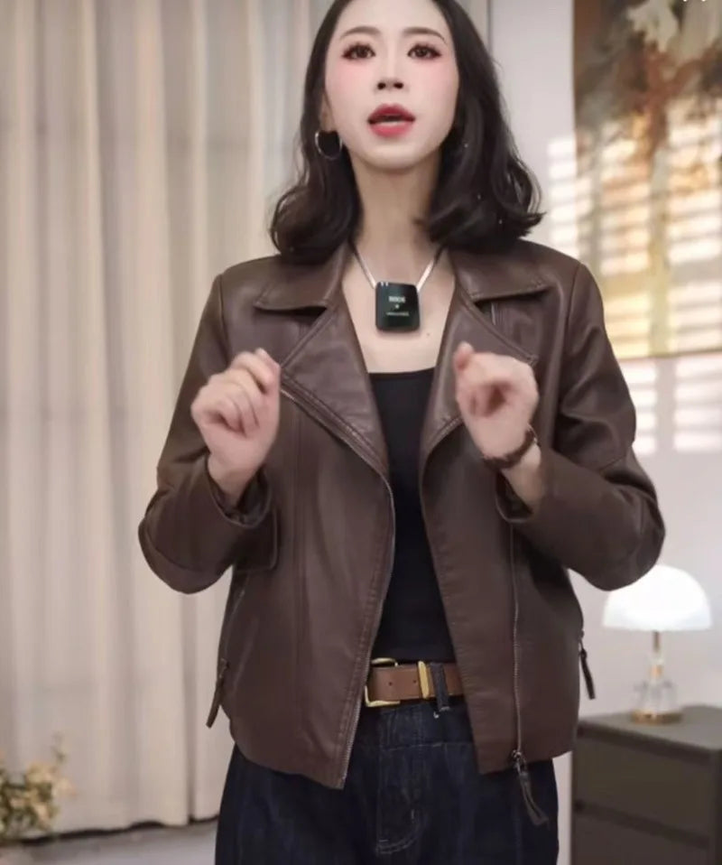 2026 Fashion Autumn PU Leather Jacket Women New Short Leather Coat Retro Lapel Sweet Motorcycle Outerwear Ladies Overcoat Top
