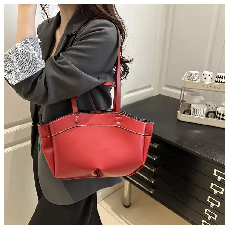 Solid Color Soft Leather Handbag Women Single Shoulder Tote Bag, Large Capacity Commuting Set Handbags Shopping Cross Body Bags