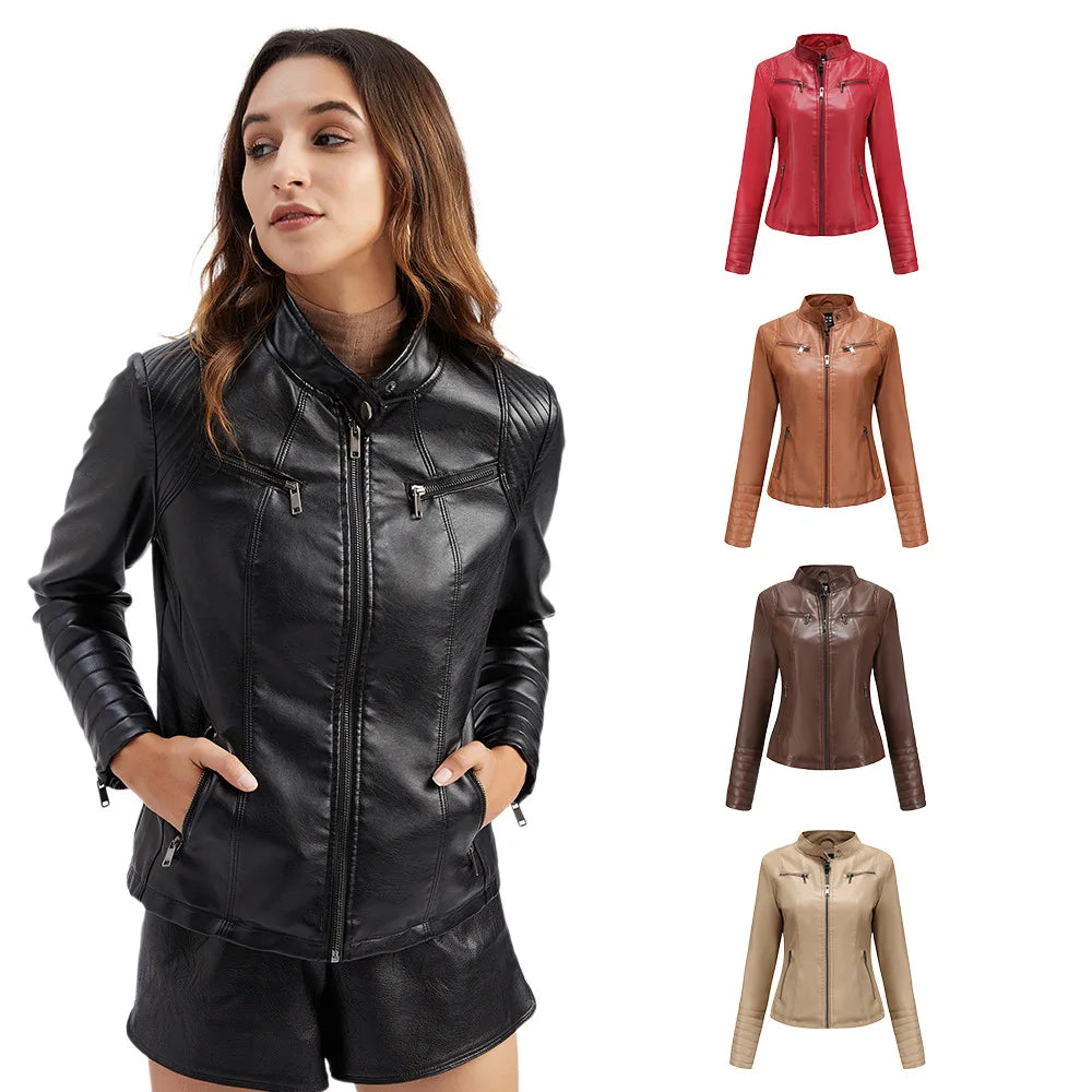 2026 New Women's Slim Leather Jacket, Stand-up Collar, Zipper Stitching, Monochromatic PU Coat, Fashion Clothing.