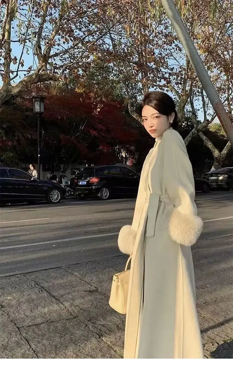Women Autumn Winter Woolen Coat 2025 New High-End French Style Fur Sleeves Mid-Length Woolen Coat Women Long Coat Loose Outwear