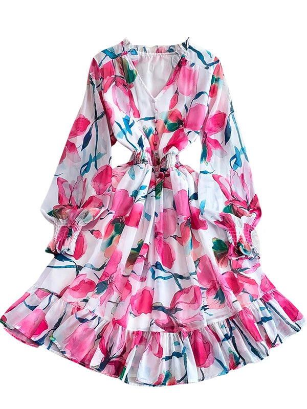 Vaion Sle V-Ne Printed Chiffon Women's Dr Elastic Waist Slimming A-Line Midi Skirt Bell Sve Long Sve Winter D...