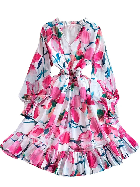 Vaion Sle V-Ne Printed Chiffon Women's Dr Elastic Waist Slimming A-Line Midi Skirt Bell Sve Long Sve Winter D...