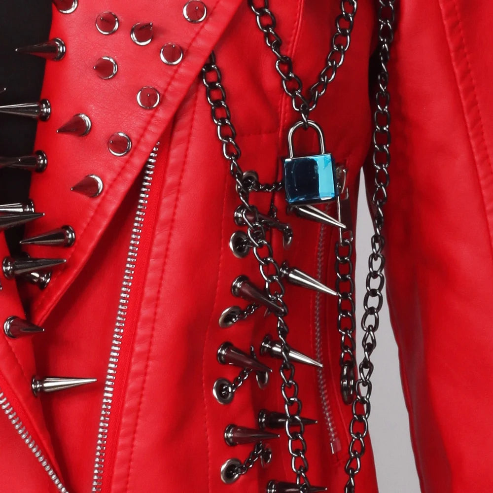 Women's Red PU Leather Gothic Punk Biker Jacket with Spikes Vintage Studded Y2K Rocker Grunge Spiked Coat Emo Alt Goth Clothing