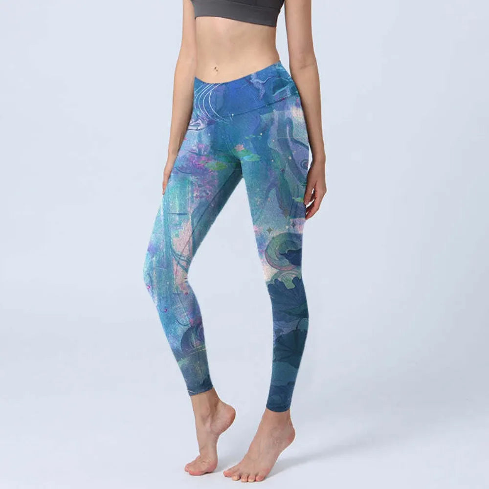 Women High Waisted Yoga Pants Tummy Control Leggings Floral Butterfly Landscape Printed Workout Gym Fitness Running Tight Pants