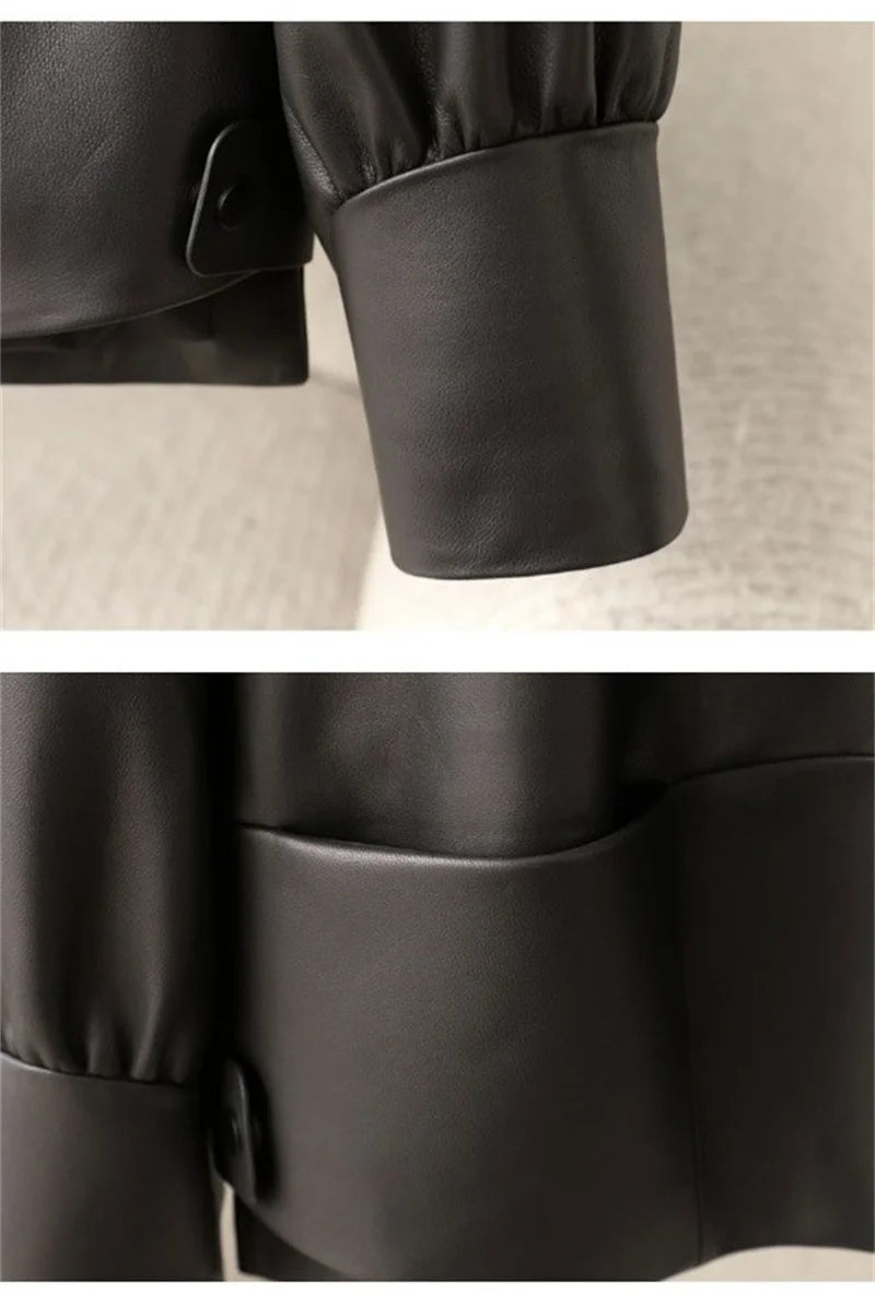 Orange Black Leather Jacket Spring Autumn Coat 2026 New Women's Leather Coat Round Neck Lantern Sleeves PU Leather Outerwear