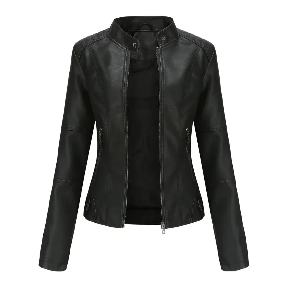 Women Moto Biker Zipper Jacket 2026 Faux Leather Jacket Women Spring Autumn Coat Black Brown Red Purple Navy Coffee Black XS 4XL